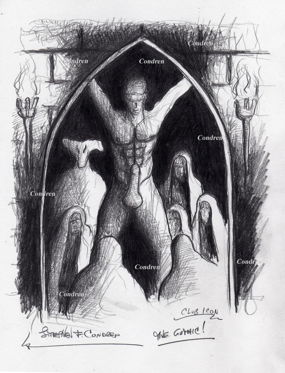 Pencil Figure drawing of a naked man with an erection in Satan's dungeon. He has a chiseled torso and fit abs. Gay male figure drawing.