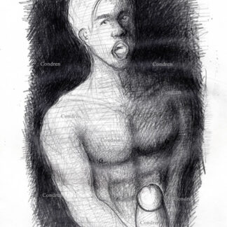 Fit boy jacking off with huge uncut cock. Pencil gay male figure drawing.